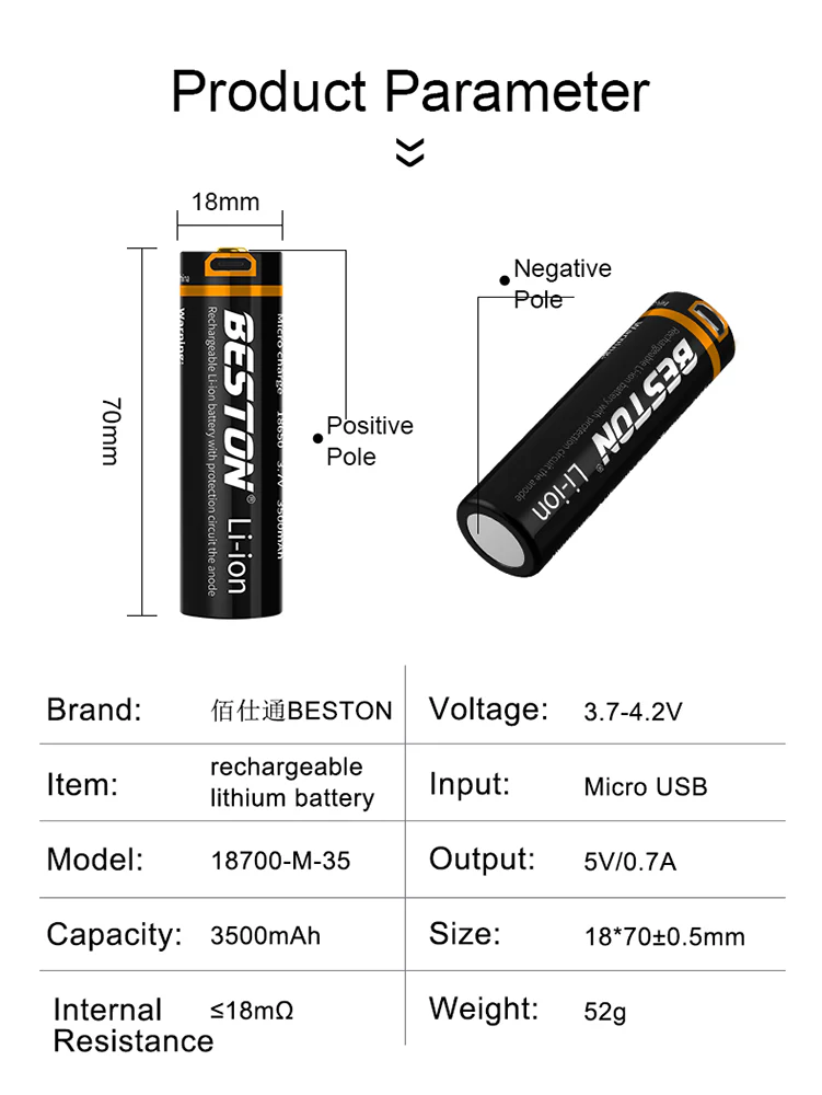3,6 V 18650 USB Aufladbare Lithium-Batterie 3500mAh Li-Ion batterien für Taschenlampe Beston – Bild 7
